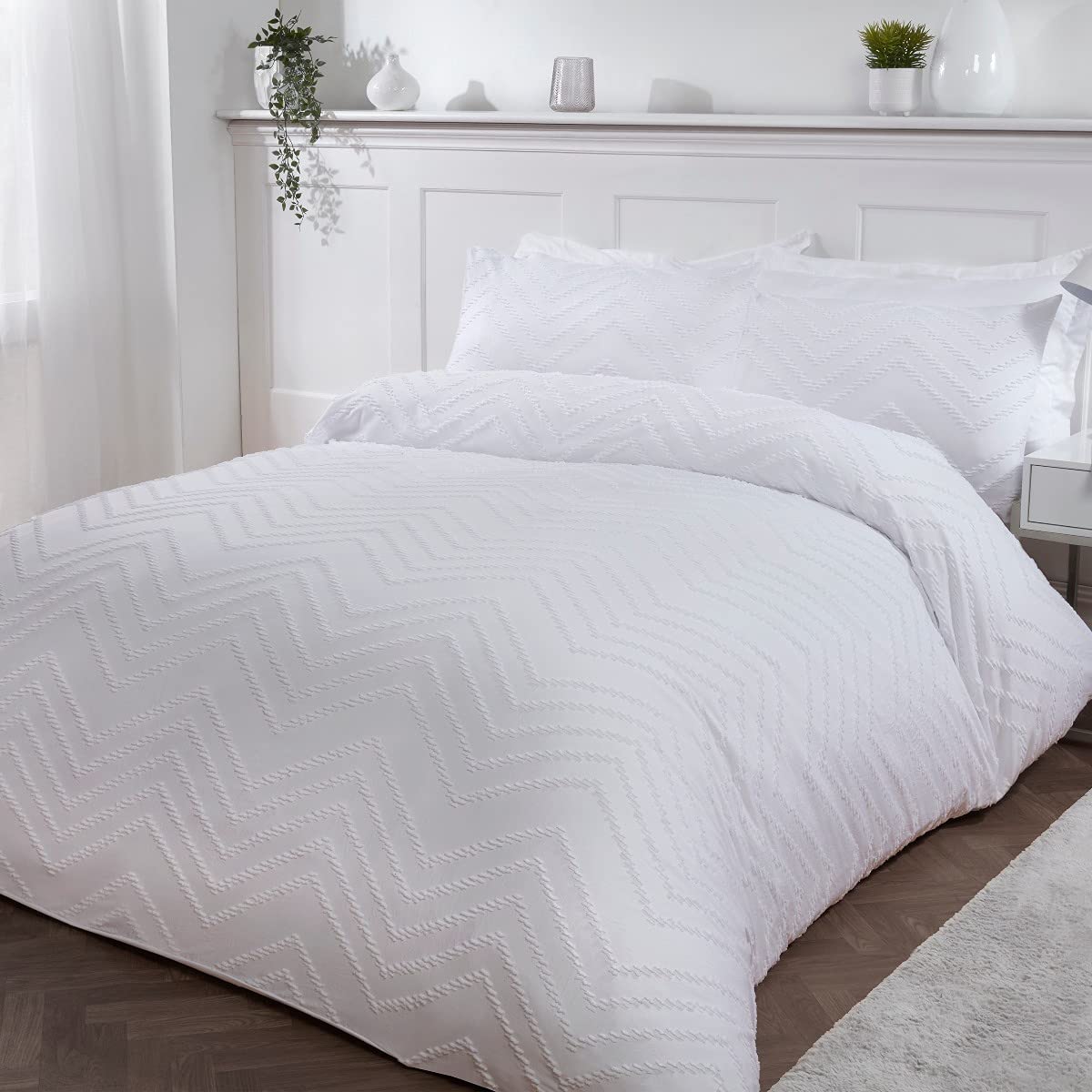 Sleepdown Tufted Wave Stripe Nordic Geo White Soft Cosy Easy Care Luxury Duvet Cover Quilt Bedding Set with Pillowcase - Single (135cm x 200cm)