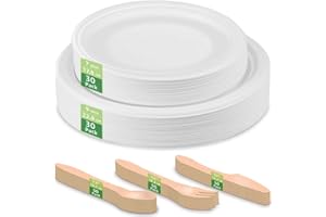 HOMURG Party Paper Plate and Wood Cutlery Sets, White Dessert & Dinner Plates + Wooden Forks, Knives & Spoons 150 Pieces Chri