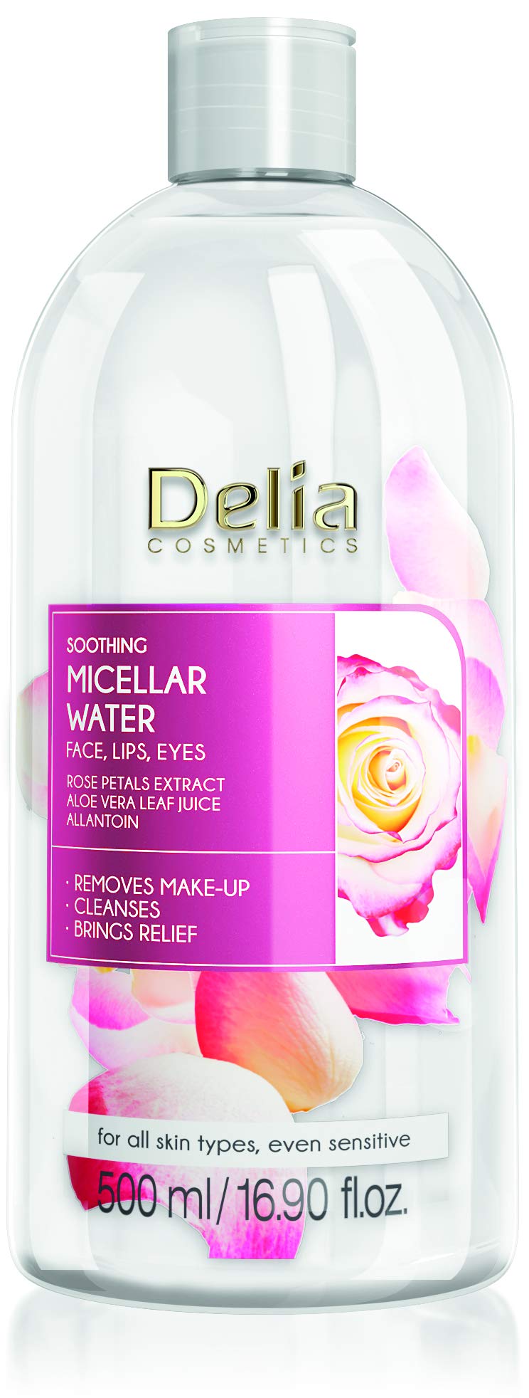 Delia Cosmetics - Soothing Micellar Water - Facial Cleanser with Rose Petal Extract & Allantoin - Clean, Soft, Fresh & Calm Face Skin - for Dry, Dehydrated Skin - 500ml
