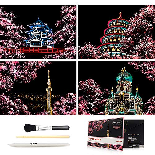 Pobec Scratch Art, Scratch Art Paper DIY Night View Scratchboard for Adult and Kids, with Scratch Paper Pens/Black Brush,8.2''x11.4'' (Cherry Blossom) - Thumbnail 7