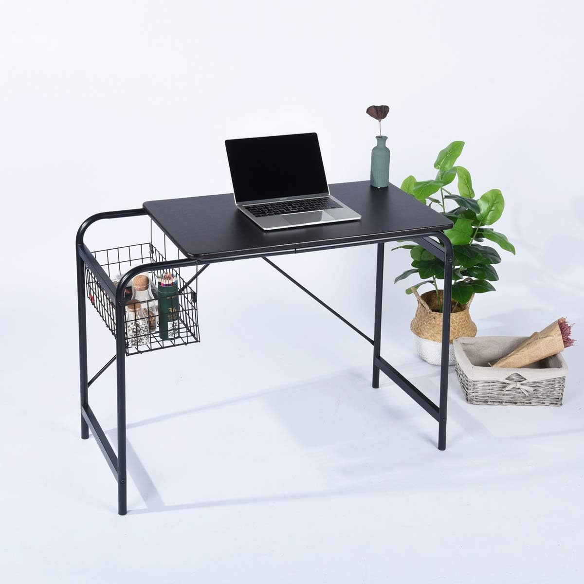 Ihouse Computer Desk with Storage Basket Metal Study Table with Wooden Tabletop, 38.7x17.7x29.3inches,Black