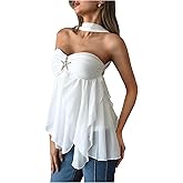 MakeMeChic Women's Y2K Halter Ruffle Tops Starfish Metal Asymmetrical Tops Tie Open Back Tank Tops