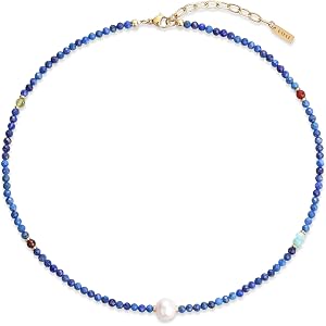 COAI Dainty Beads Crystal Necklace for Women, Natural Pearl Spinel Lapis Lazuli Beaded Necklace for Women Summer Beach Jewelr