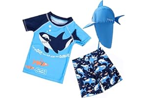 BAOPTEIL Baby Toddler Boys 3-Pieces Swimsuit Sets Blue Shark Bathing Suit Rash Guards Sunsuit Swimwear with Hat UPF 50+ FBA