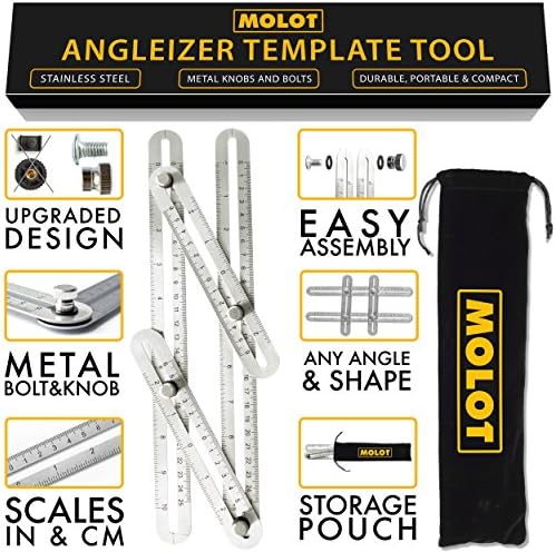 MOLOT Multi Angle Template Tool - Premium Stainless Steel Measuring Ruler Layout Multi-angle Tool with Metal Knobs and Bolts - Perfect for Tiling, Flooring, Brick Laying, Deck Building