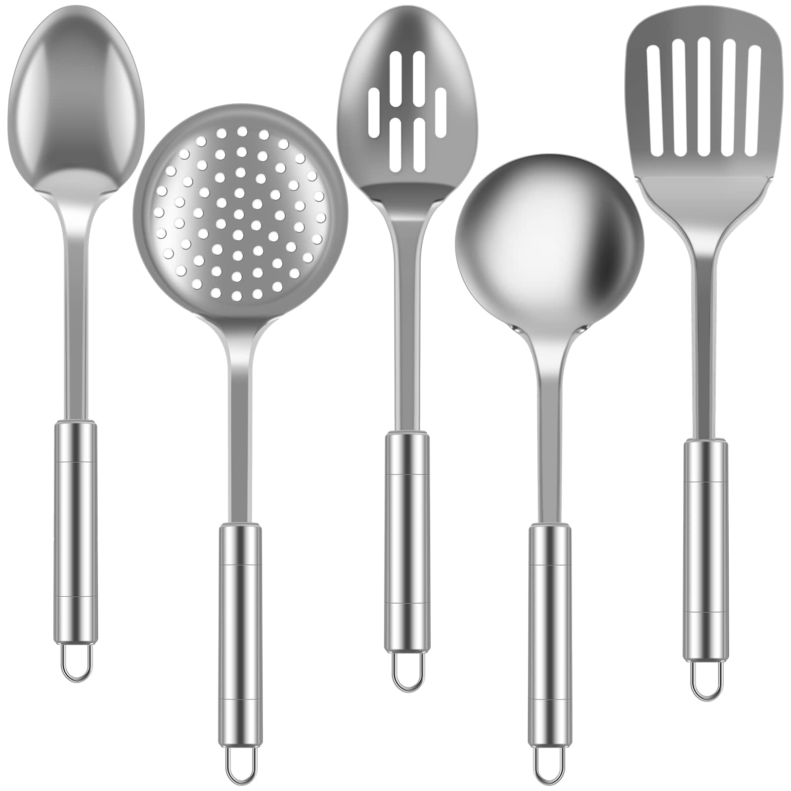 Airener 5Pcs Kitchen Utensils Set, Heat Resistant Kitchen Stainless Steel Cooking Spoons Spatula with Hanging Hole, Non-Stick Cooking Tools, Dishwasher Safe