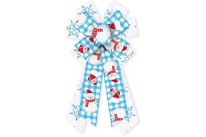 ABTOLS Large Christmas Bows for Wreath, Blue White Buffalo Plaid Wreath Bows Christmas Snowman Bows for Front Door, Xmas Decor Ornament Snowflake Tree Topper Bows for Christmas Indoor Outdoor Decor