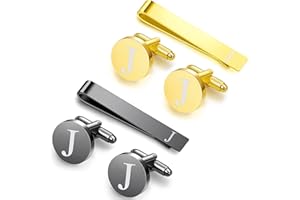 FIINTRWA Initial Cufflinks and Tie Clip Black Gold Personalized Cufflinks for Men Set Letter A-Z for Father's Day Best Man Groom Wedding Gift