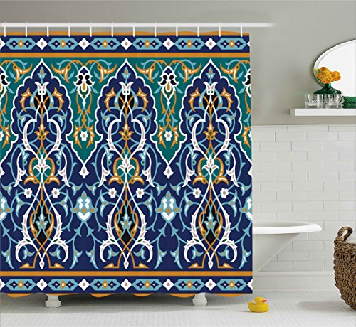 AmbesonneMoroccan Shower Curtain, Oriental Petals Hippie Vintage Mosaic Design, Cloth Fabric Bathroom Decor Set with Hooks, 69" W x 70" L, Blue Mustard