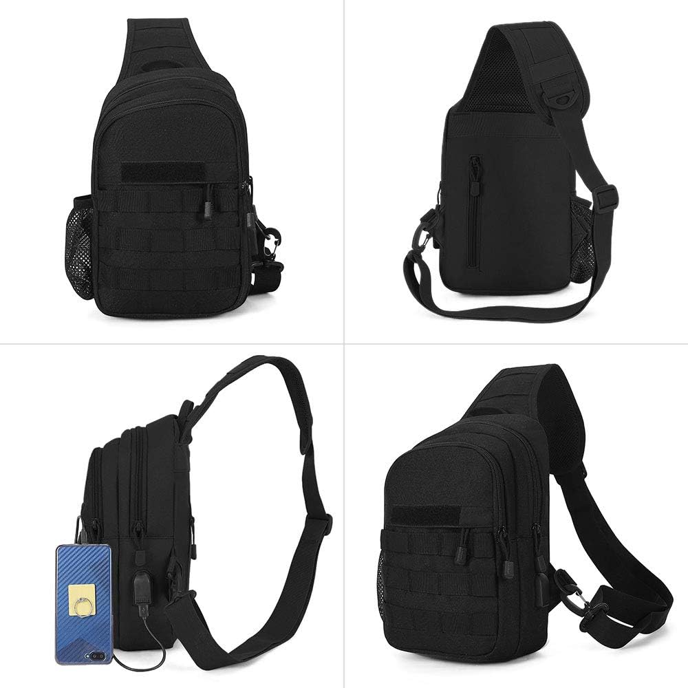 HUNTVP Tactical Chest Bag Molle Chest Sling Pack Backpack with Water Bottle Holder Pouch/USB for Hiking Cycling Gym School Dog Walking Outdoors(Type3-black) - Image 3