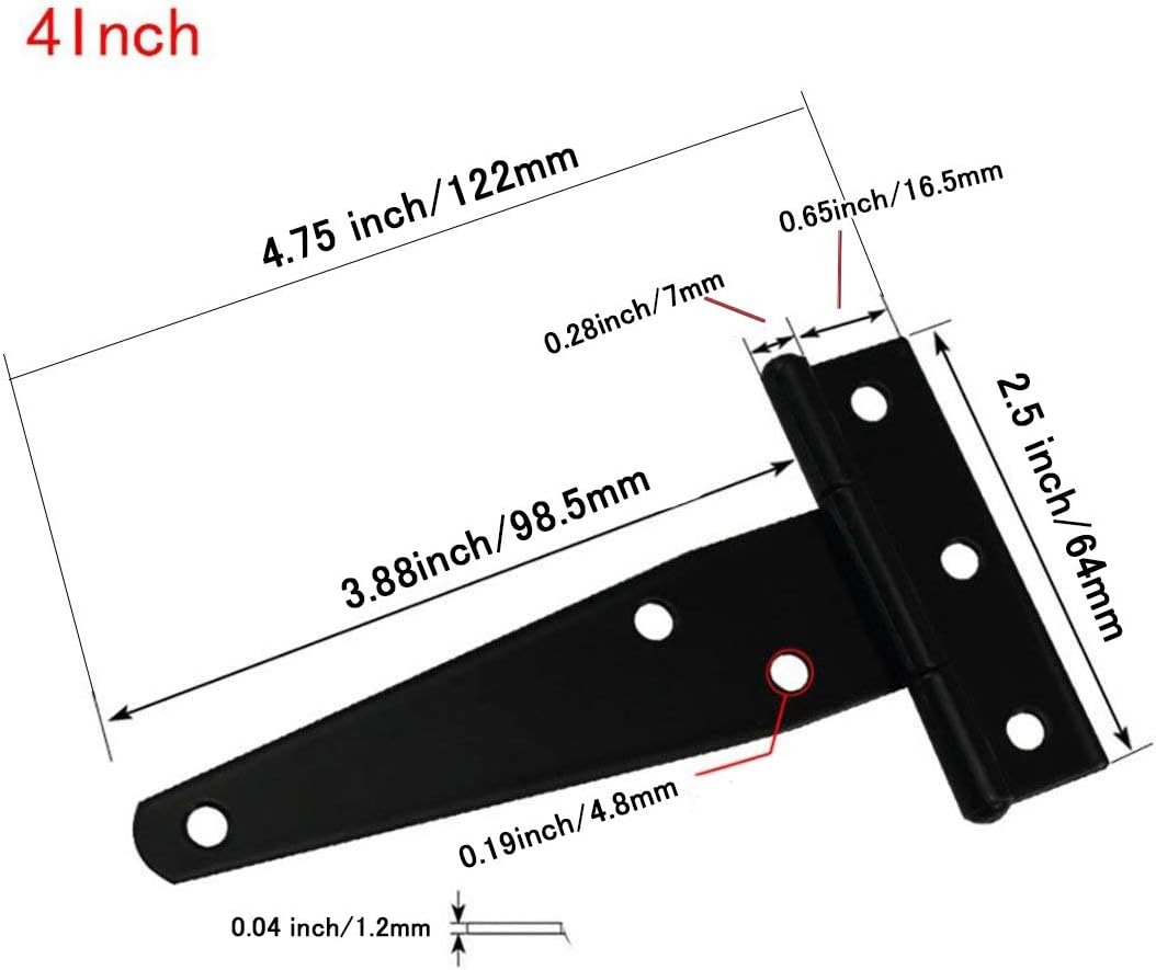TamBee Gate Hinges Heavy Duty Shed Hinges T Hinges Black Metal Strap Tee Hinges for Wooden Barn Gates Shed Doors Fence Hinges 6PCS (99mm/4inch) - Image 3