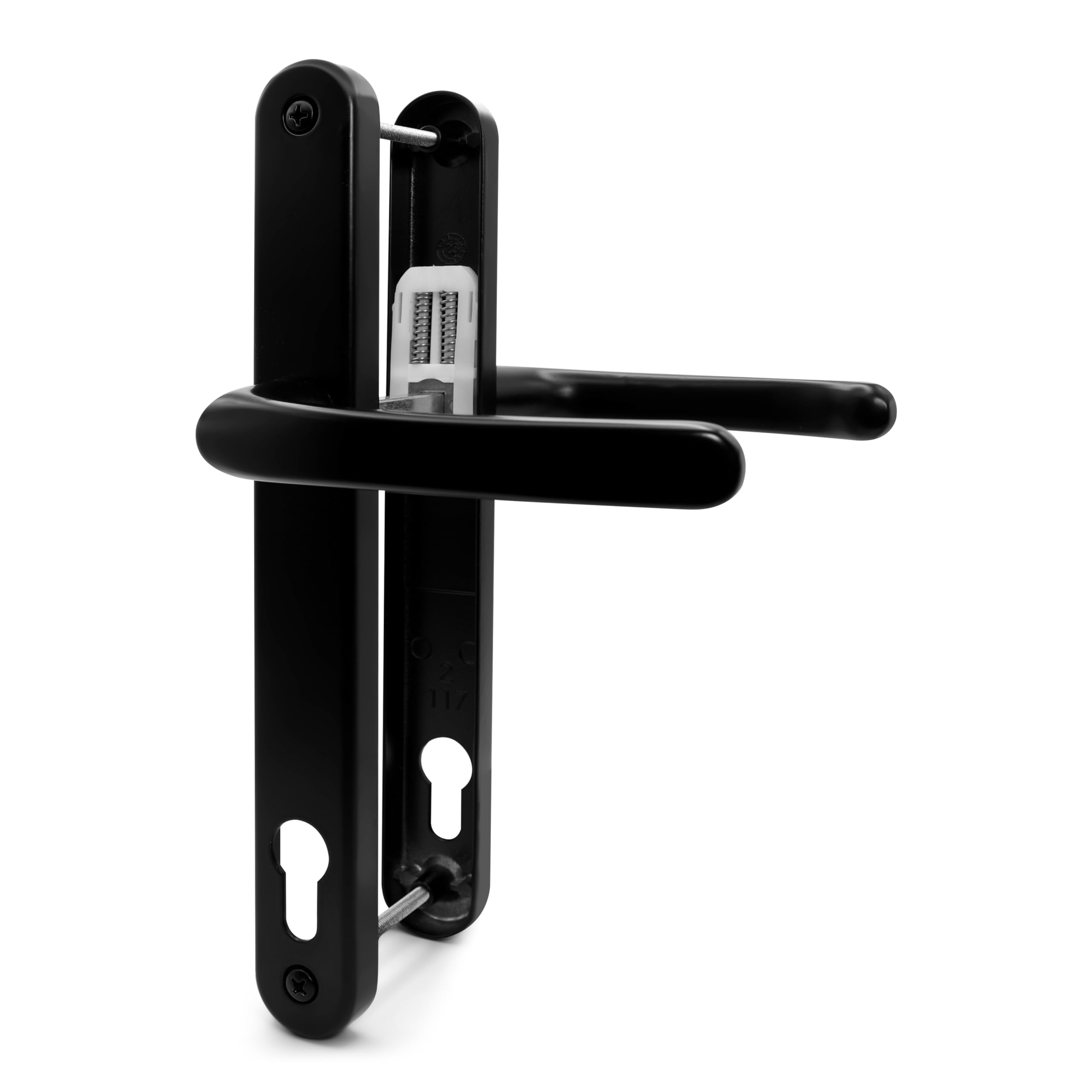 TSS Black UPVC Door Handle Pair Set, 117mm PZ (Centres), Sprung, Lever Lever, 237mm Screw to Screw (Screw centres), Backplate 267mm x 32mm - Replacement PVC Door Handle in Black, Suits Millenco 117mm