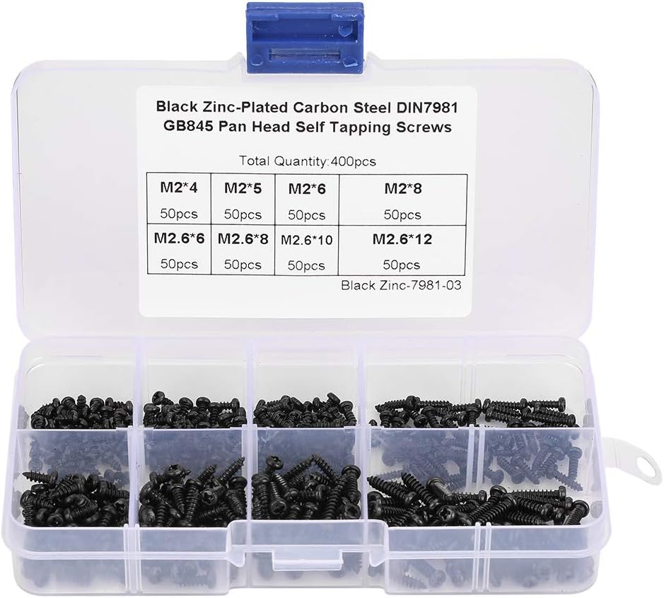 Hilitand 400 Pcs M2/M2.6 Self-Tapping Screws Cross Drive Pan Head Kits with Box for Machine Woodworking Fastener