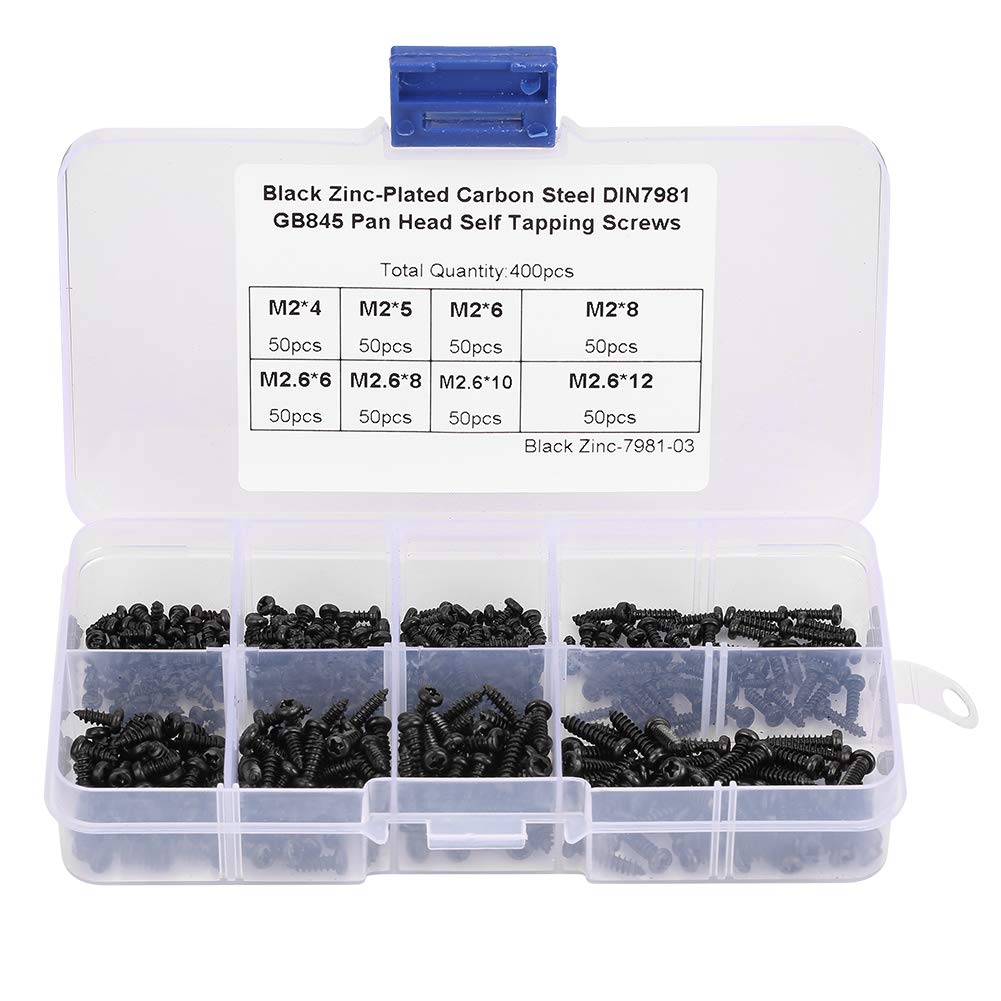 Tapping Screws assortment, Self Tapping Screws 400Pcs Black M2 / M2.6 Linsenkopf Tapping Screws Set Assortment Pan Head Screws Kit with box, made of stainless steel