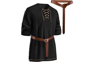 PARTTELY Mens Pirate Shirt Cotton Linen Long Sleeve Lace Up Renaissance Shirt Medieval Costume Men with Belt for Halloween