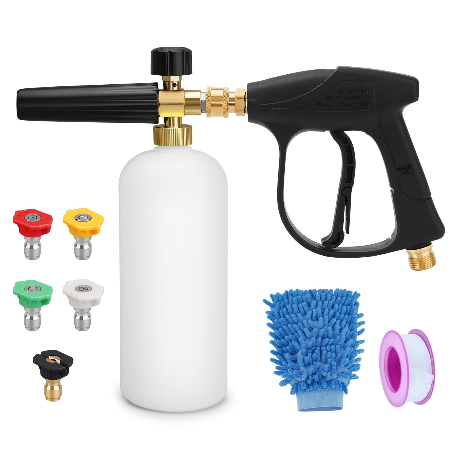 Geichan 1/4" Quick Release Pressure Washer Snow Foam Cannon Lance Gun,1L High Pressure Washer Soap Dispenser Bottle with Foam Lance Gun and 5 Color Nozzles for Garden Cleaning,Car Washing