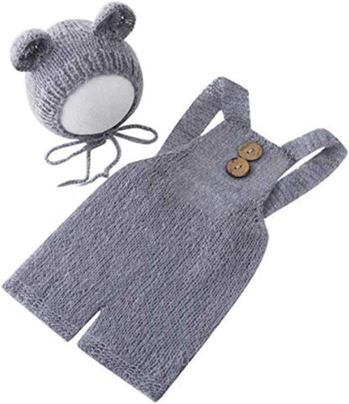 VemonllasNewborn Photography Props Boys Girls Outfits Mohair Bear Hat Bonnets & with Romper Suspender Pants Baby Photo Prop
