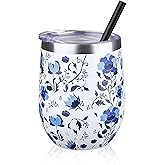 12 oz Insulated Wine Tumbler with Lid and Straw,Stainless Steel Stemless Wine Tumbler Glasses Double Wall Vacuum Wine Cups Tumbler Bulk for Coffee,Cocktail,Office（Blue and White Porcelain,1）