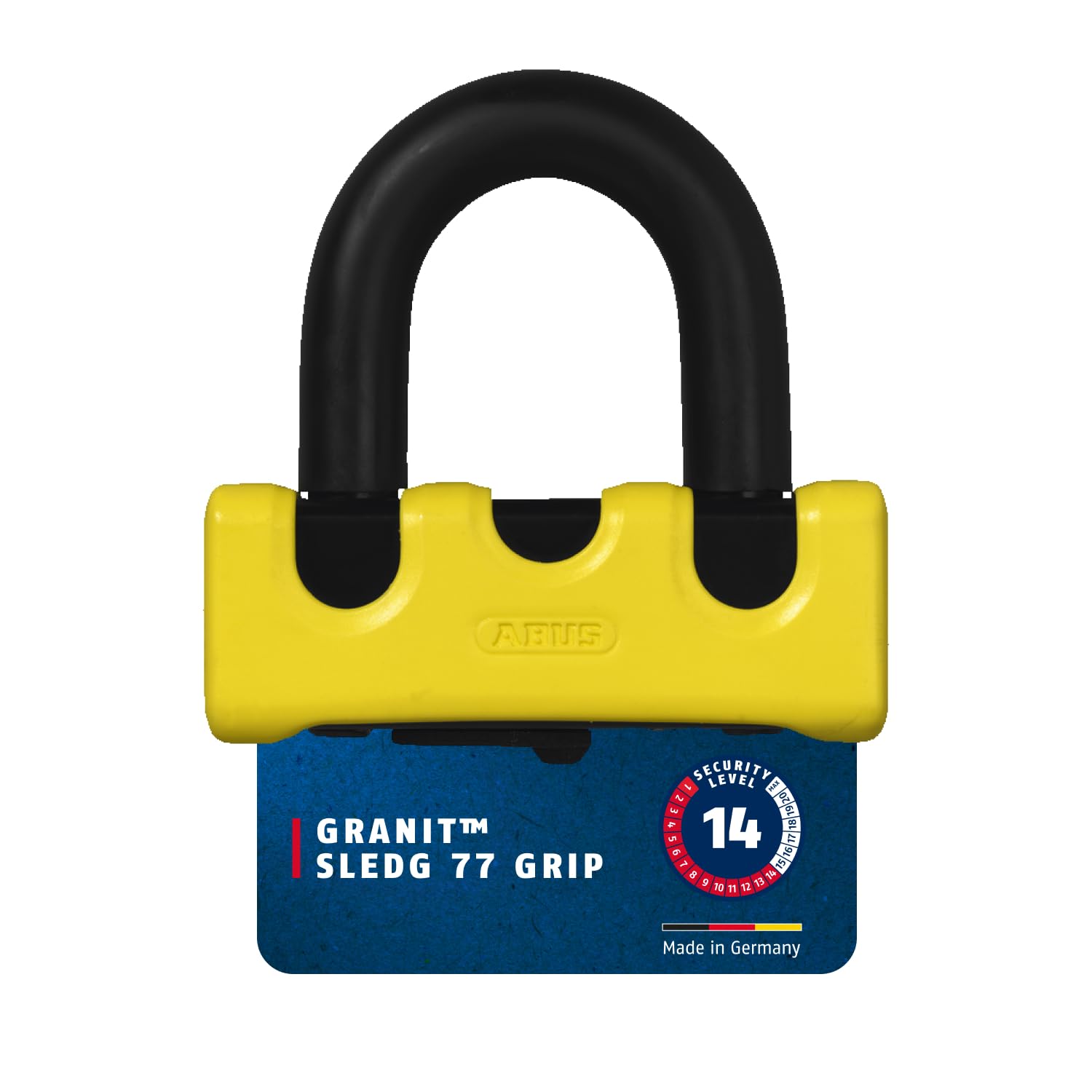 ABUS motorbike brake disc lock GRANIT™ Power XS 67 with XPlus™ cylinder - Motorbike lock with double shackle locking and reminder cable - Motorbike accessories - Yellow