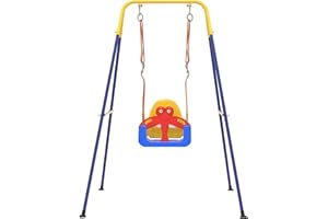 HAPPYMATY 3-in-1 Toddler Swing Set, Baby Swing with Safety Belt, Indoor/Outdoor, Easy to Assemble Kids Swing Seat with Sturdy Metal Stand for Playground, Backyard and Nursery, Blue Yellow