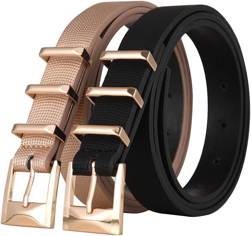 Women Belt 2 Pack Waist Skinny Dress Belts Gold Solid Pin Buckle Belt for Jeans Pants