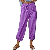 Zhyaj Cotton Linen Capri Pants for Women Summer Casual Plus Size High Waist Elastic Drawstring Button Trouser with Pockets