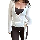 Women Deep V-Neck Long Sleeve Cross Wrap Top Sexy Slim Fit Casual Cropped Top Yoga Gym Bandage Workout Tie T Shirts