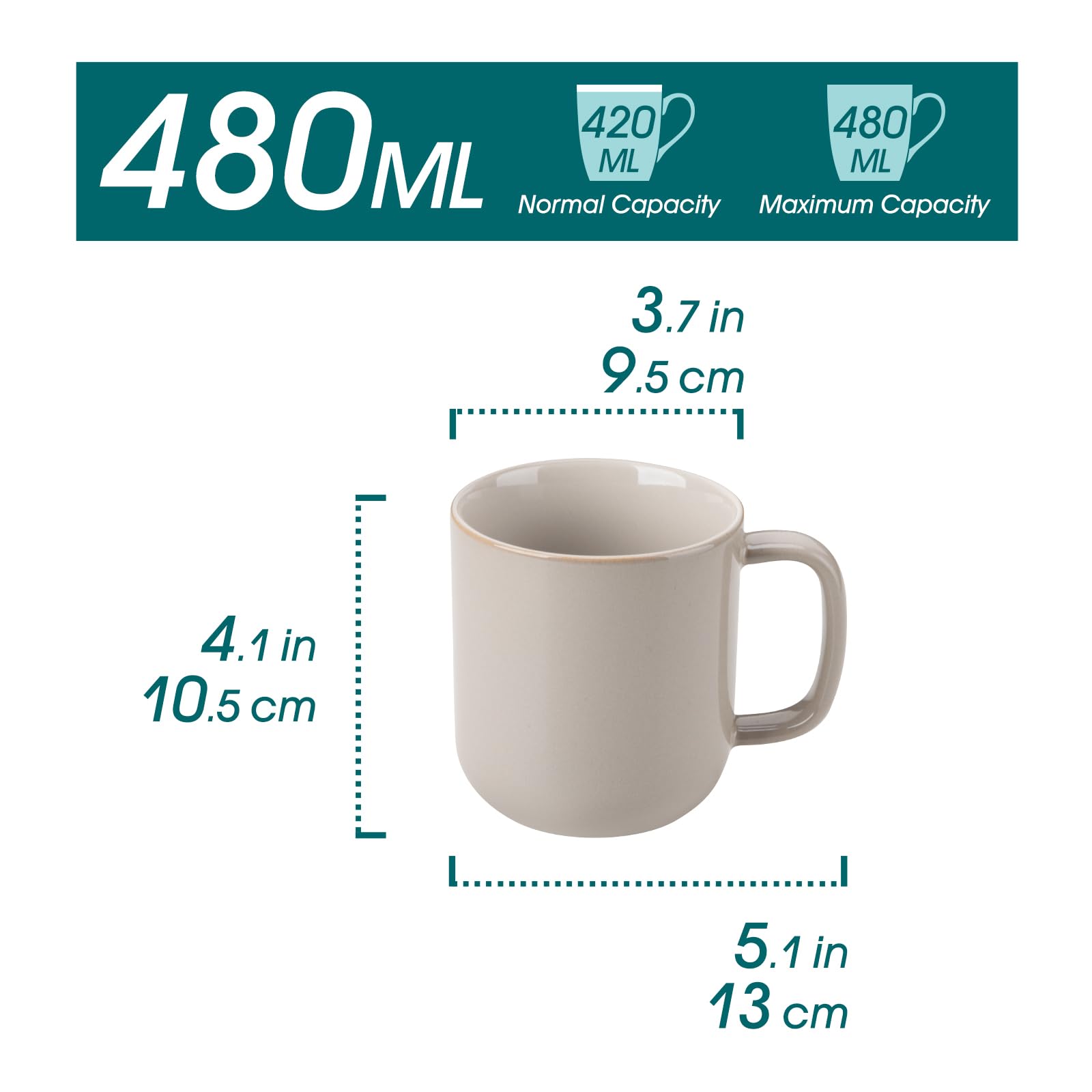 Kaffeetassen Set 6er, vancasso PLAYA Tassen Set 6 Stück mit Henkel 480ml, Teetassen aus Steingut, Mikrowellen und Spülmaschinenfest, Soft Beige 2