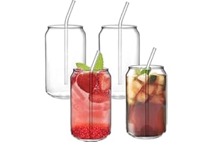 Jucoan 4 Pack 14oz Beer Can Glasses, Classical Soda Can Glass Cups, Premium Handmade Clear Drinking Glass Cups with 4 Reusabl