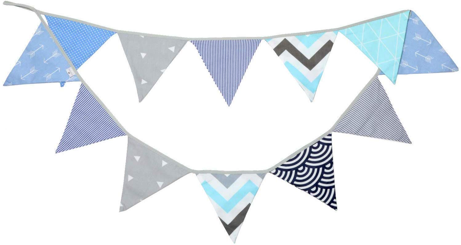 PREMYO Fabric Bunting Flags - Baby Shower Decorations Boys Nursery - Colourful Double Sided Banner Mint Grey