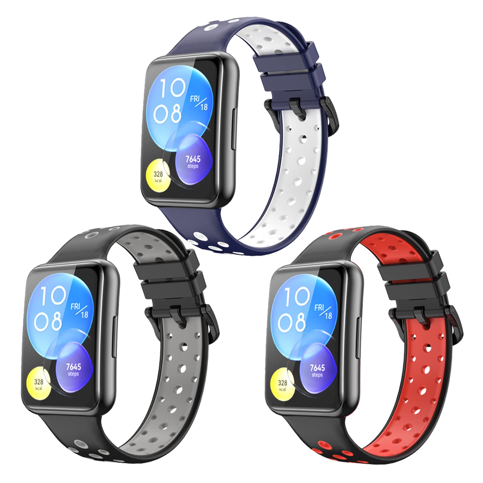 Miimall [3 Pack] Silicone Strap Compatible with Huawei Watch Fit 2, Two-color Soft Band Breathable Waterproof Adjustable Replacement Wristband for Huawei Watch Fit 2-Black/Red+Black/Gray+Blue/White
