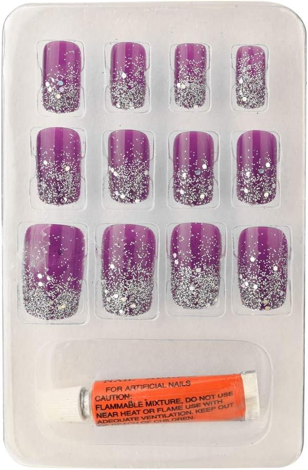 Color Fever False Nails - Quick Stick Artificial Nail Set with Glue, (Purple) 12 pc Set