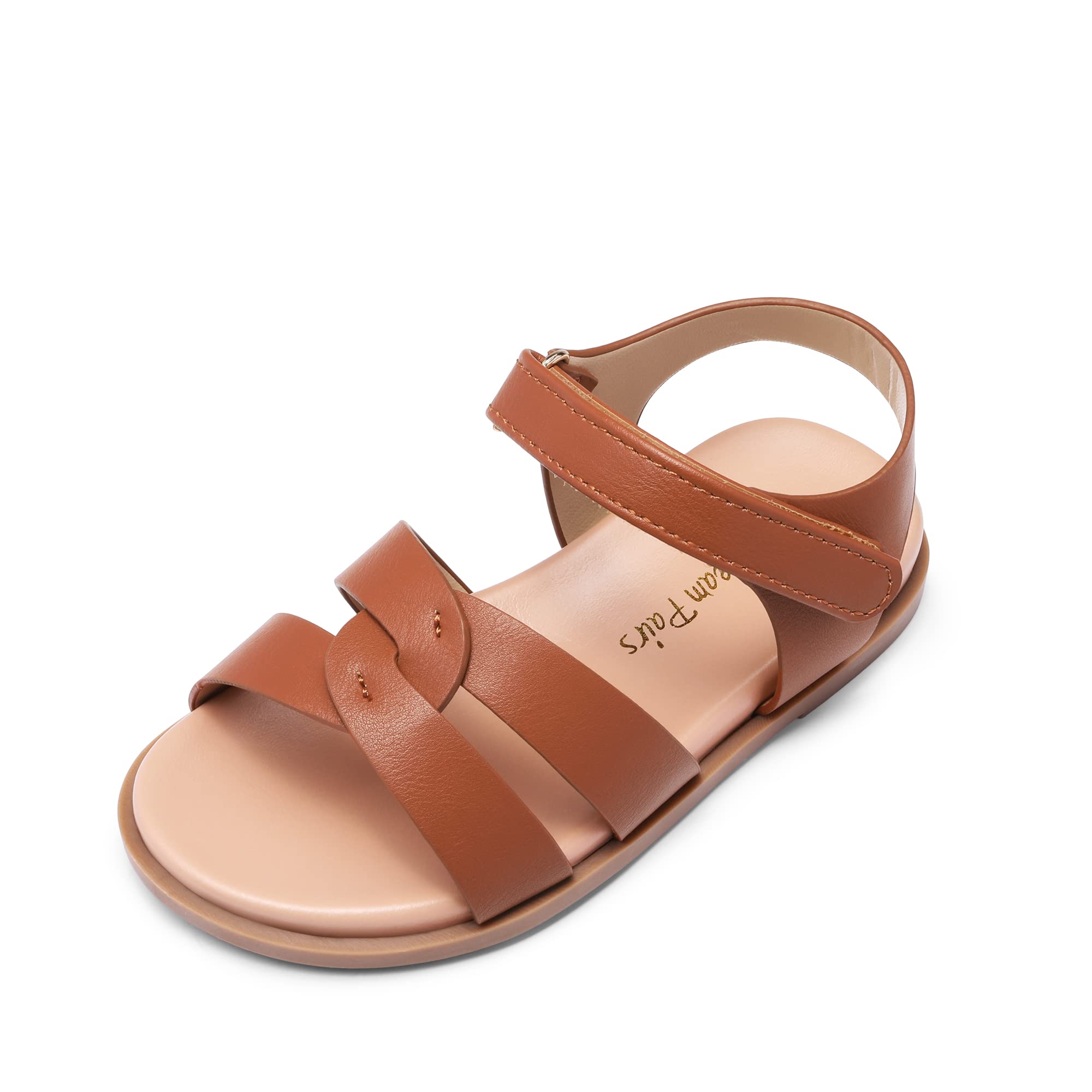 DREAM PAIRS Girls Sandals Open Toe Princess Flat Sandals Strappy Summer Shoes Toddler/Little Kid,Size 5 Toddler,Brown-Pu,SDSD223K Image