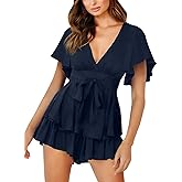 Relipop Women's Floral Rompers Jumpsuits V Neck Short Baggy Sleeve Waist Tie Double Layer Ruffle Hem Romper 2026 Trendy