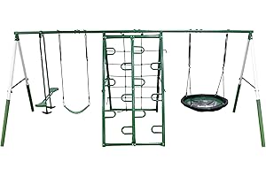 Swing, Climb and Glide Play Center. Backyard Playground Set. Easy Assembly, 7 User / 5 Station Metal Outdoor Play Set for Kids with Two Climbing Stations. 176" L x 69" Deep x 73" H, by XDP Recreation