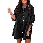Sidefeel Womens Smocked 3 4 Sleeve Button Down Denim Jeans Dresses