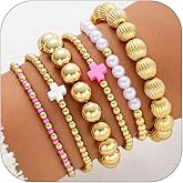 Gold Beaded Bracelets for Women Simple Non Tarnish Cross Pearl Stack Bracelet Dainty Resin Beaded Stretch Bracelets Set Fashion Jewelry for Women
