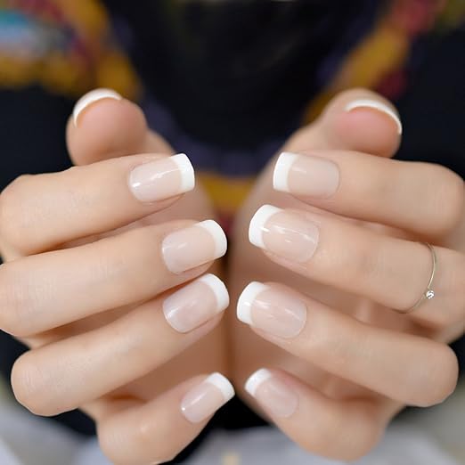 Amazon Com 24pcs Light Nude Short Full Nail Art Tips White Squoval Shinning Surface Round French Acrylic Nails Women Daily Wear Kit Z828 Beauty