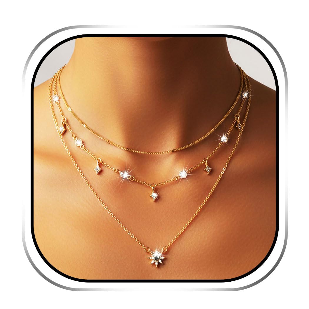 Handcess Boho Layered Necklace Gold Rhinestone Choker Necklaces Chain for Women
