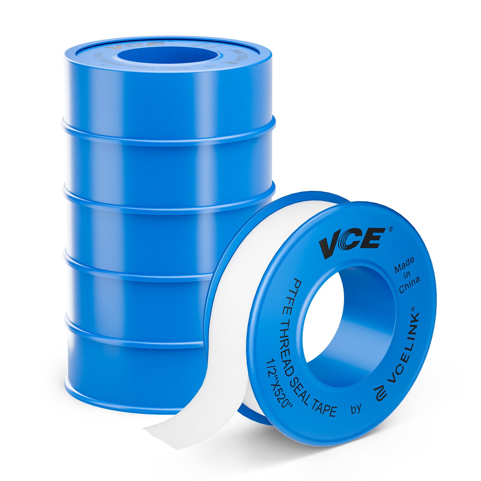 VCE VCELINK PTFE Tape Plumbers Tape to Stop Leaks, 6-Rolls Teflon Plumbing Tape for Leaking Pipe Thread Screw Head in Bathroom/Kitchen/Garden, 520" Length 1/2" Width with Blue Snap-On Cover