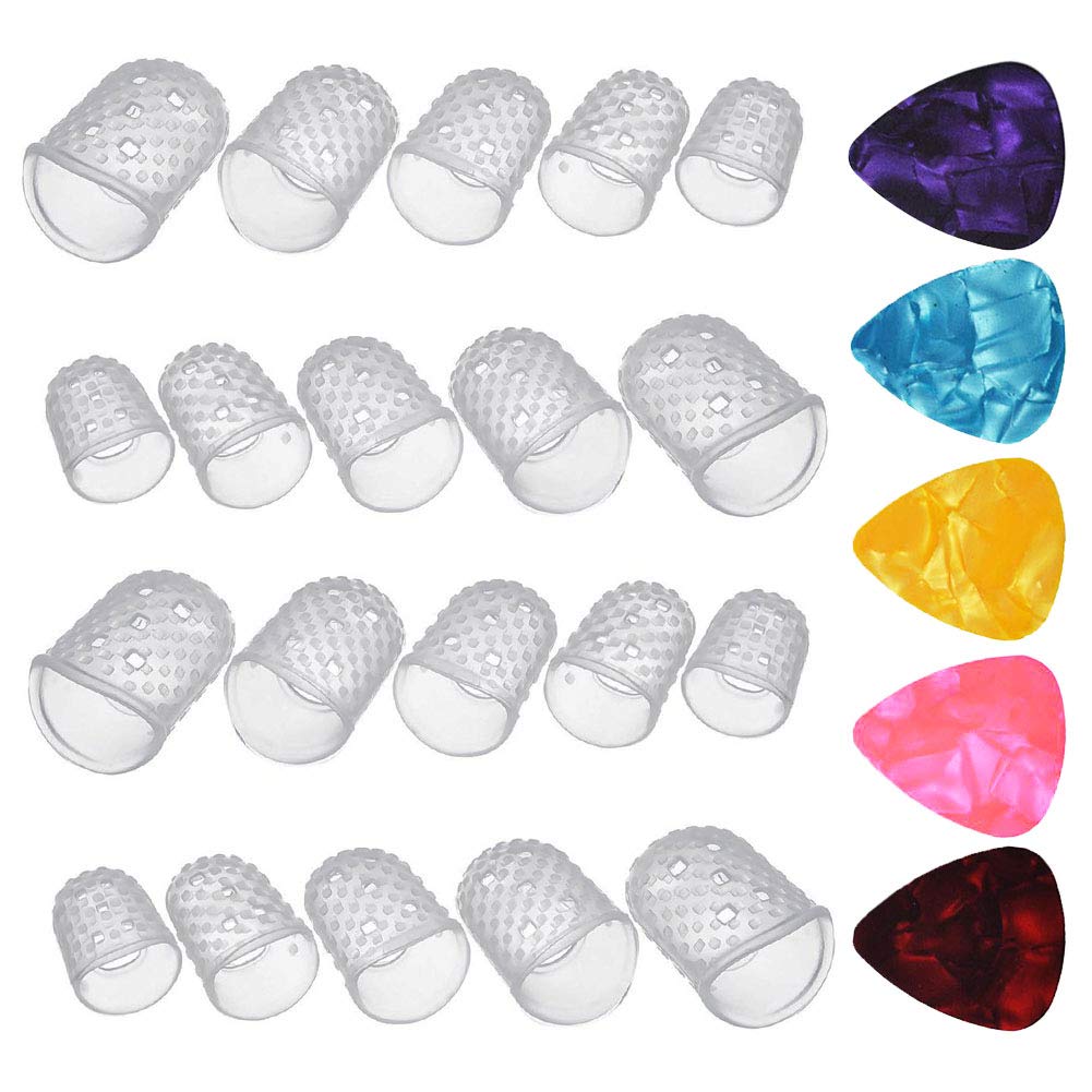 Guitar Fingertip Protectors, 20Pcs Clear Silicone Guitar Finger Protectors 5 Sizes(L/M/S/XS/XXS) and 5 Assorted Guitar Picks, for Ukulele Electric Guitar Starter
