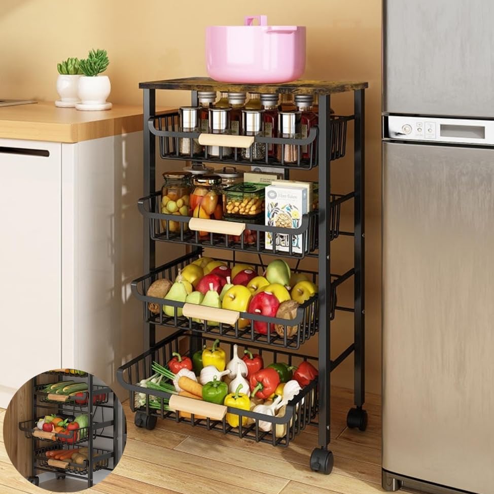 Photo 1 of 5 Tier Metal Wire Basket Cart on Wheels for Kitchen, Stackable Shelf Floor Standing Fruit Vegetable Storage Bins with Pull Out Drawers for Living Room Bedroom and Bathroom
