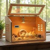 Wooden Chick Brooder Box with Heat Lamp and Thermometer, 15.7 x 12 x 12 in | Thick wood construction with pre-drilled holes suitable for chicks, ducklings, quail, hamsters small animals