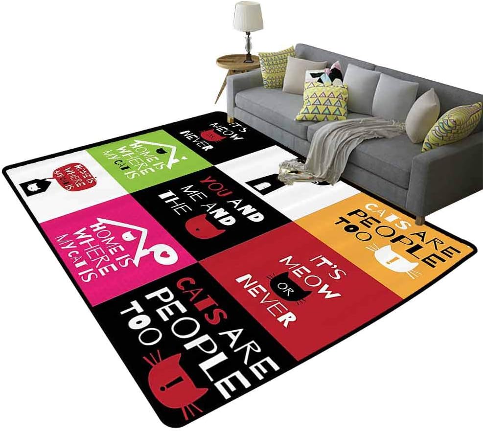 Cat Lover Decor Collection Large Area Rugs for Living Room Home is Where My Cat is Love and Cats Phrases Houses Greeting Cartoon Decorative Room Black Pink Red Green, 5'x 7'(150x210cm)