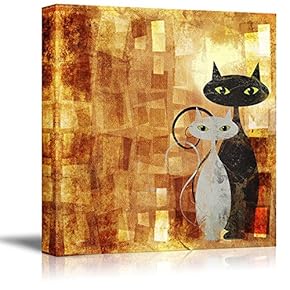 Canvas Prints Wall Art - Black and White Cat on Orange Grunge Canvas (Painting, Abstract, Cat) | Modern Wall Art Stretched Gallery Canvas Wrap Print. Ready to Hang 16" x 16"