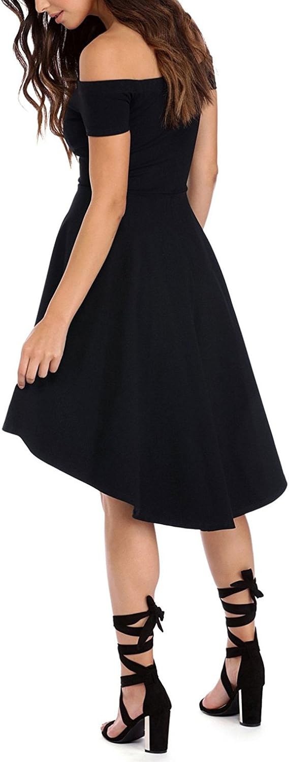 Sarin Mathews Womens Off The Shoulder Short Sleeve High Low Cocktail Skater Dress: Clothing