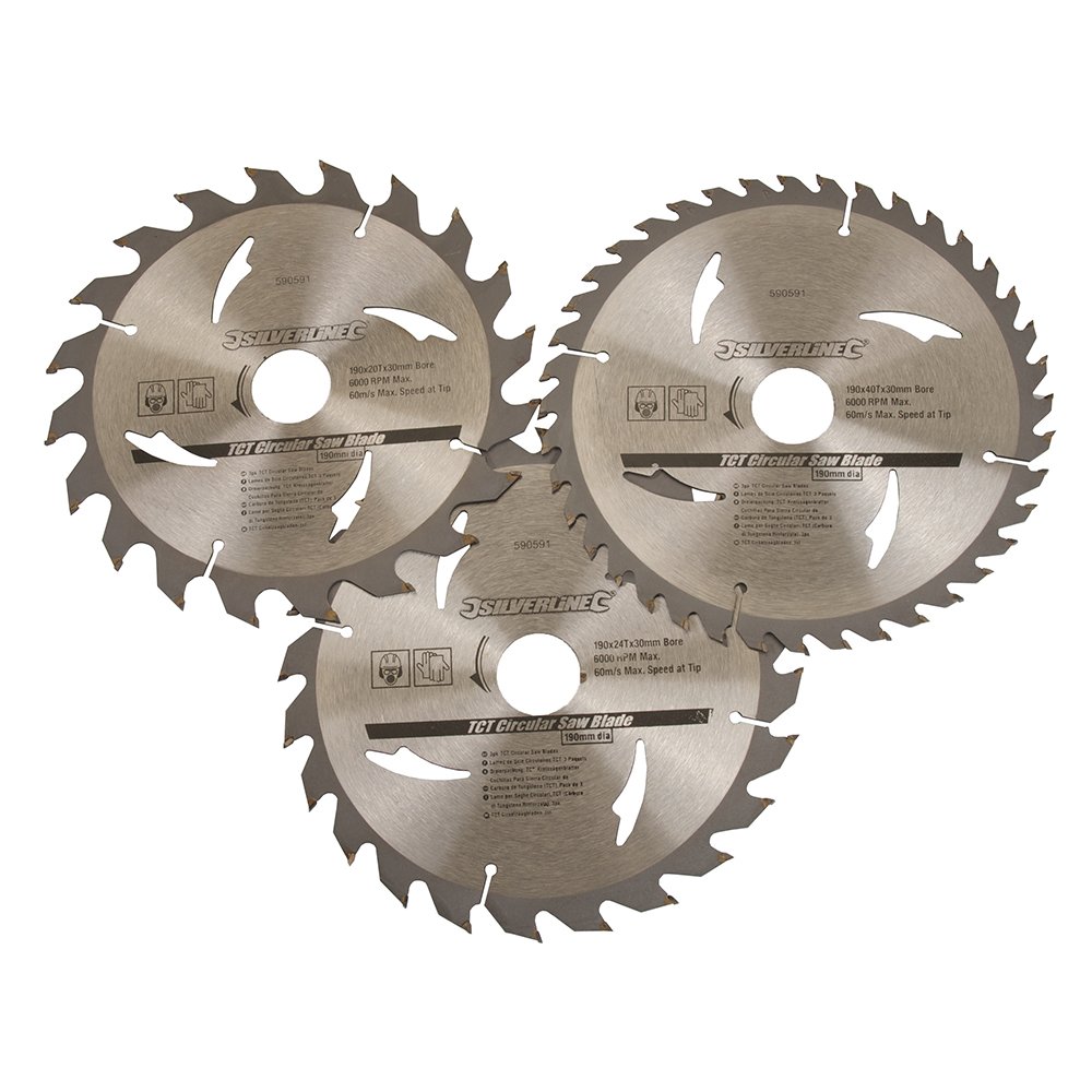 Silverline 590591 TCT Circular Saw Blades 20, 24, 40T 3pk 190 x 30 - 25, 20 mm Rings