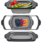 Comfify Gray Collapsible Silicone Over-Sink Colander &ndash; 6 Qt &ndash; Extendable | Gray; silicone; 17.1"L x 10.1"W; collapses to 1.4"H; 6 Qt; handles extend 25" to span sink; heat resistant 176F