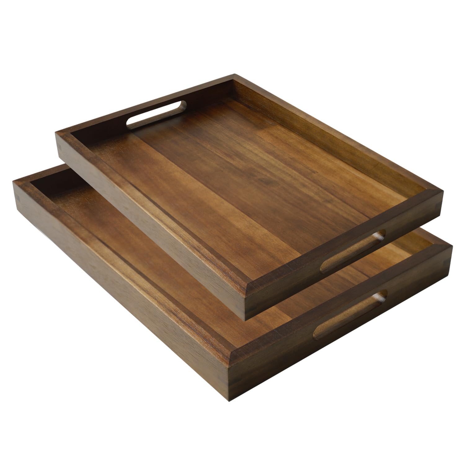 Photo 1 of 2 Pack Acacia Wood Serving Trays with Handles, 2 Sizes 17x13 & 16x12 inch Portable Ottoman Trays, Rectangular Wooden Tray Set for Food, Home Decor, Coffee Table, Living Room, Kitchen, 17"+16"