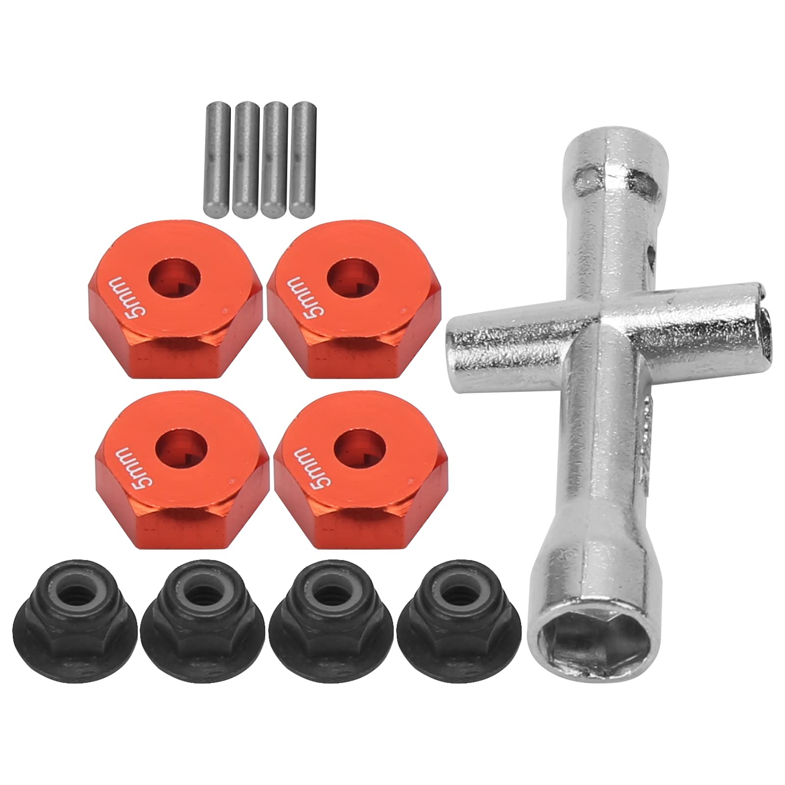 Dilwe 1/10 RC Wheel Hex Set, 12mm Adapter with Locking Nuts Bolts Cross Wrench (Red)